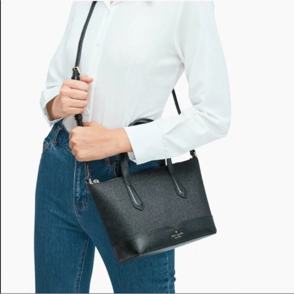 Kate Spade New York Black Glitter Satchel Tote with Crossbody Strap NWT
